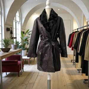 Excelled Genuine Leather Coat Faux Fur Collar Belted Brown Trench Medium